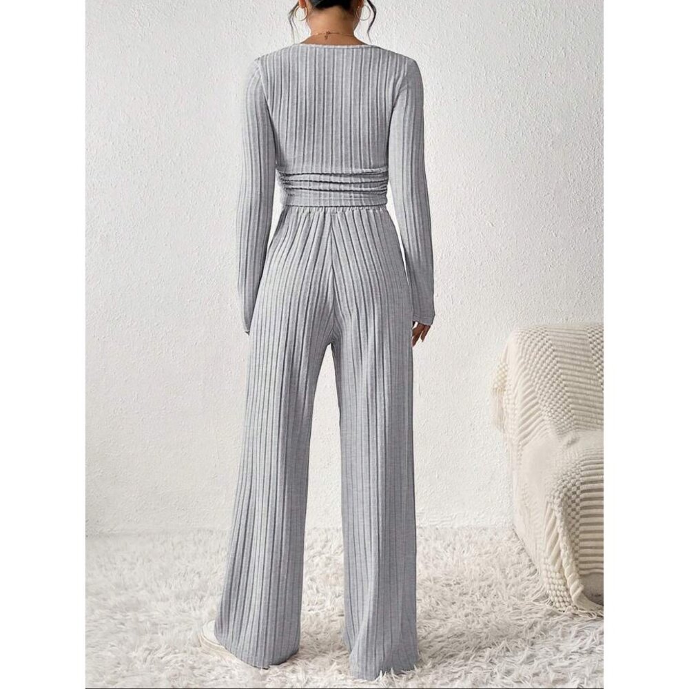 2 piece set: ribbed knit long sleeve tee & elastic waist pants lounge gray - Picture 2 of 9